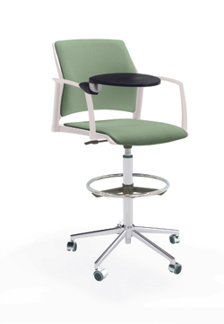Кресло Rewind каркас хром, пластик белый, база стальная хромированная, с закрытыми подлокотниками и пюпитром, сиденье и спинка бледно-зеленые
