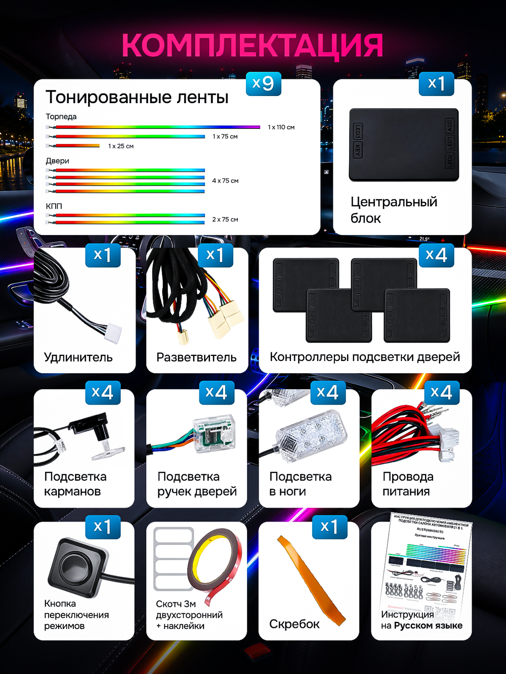Чёрная контурная подсветка в салон авто 21в1 Ambient Light