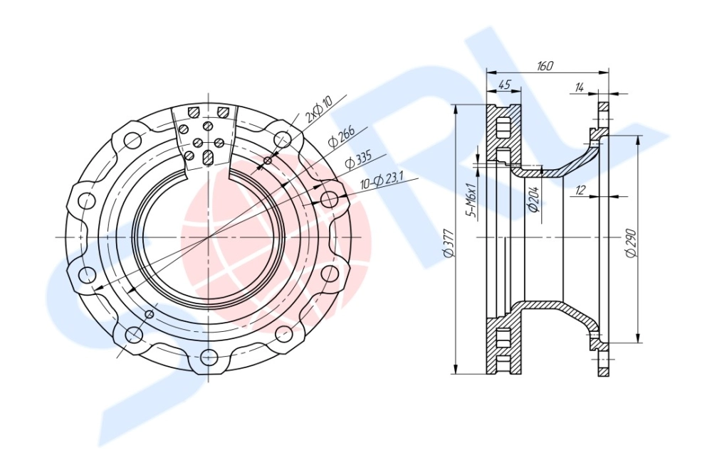 Диск тормозной 377/290x45/160 10n-335-23.1 BPW (0308834020) SORL