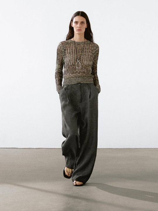 Massimo Dutti Брюки широкие из 100% льна, серовато-зеленый