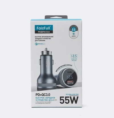 Автомобильное зарядное устройство FaizFull FZ24 PD30W+QC3.0 3A Type-C+USB с вольтметром, Grey