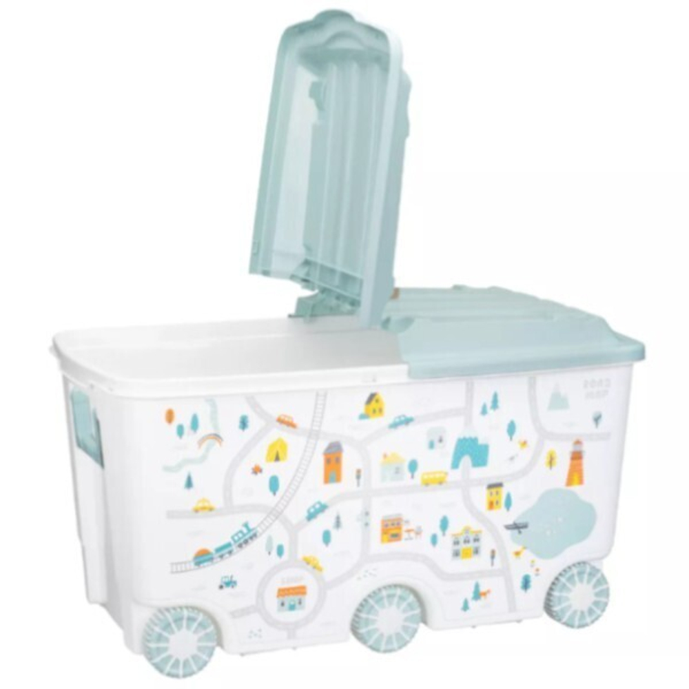 Ящик для игрушек на колесах с декором 66,5л "путешествие", 685х395х385 мм (светло-голубой)