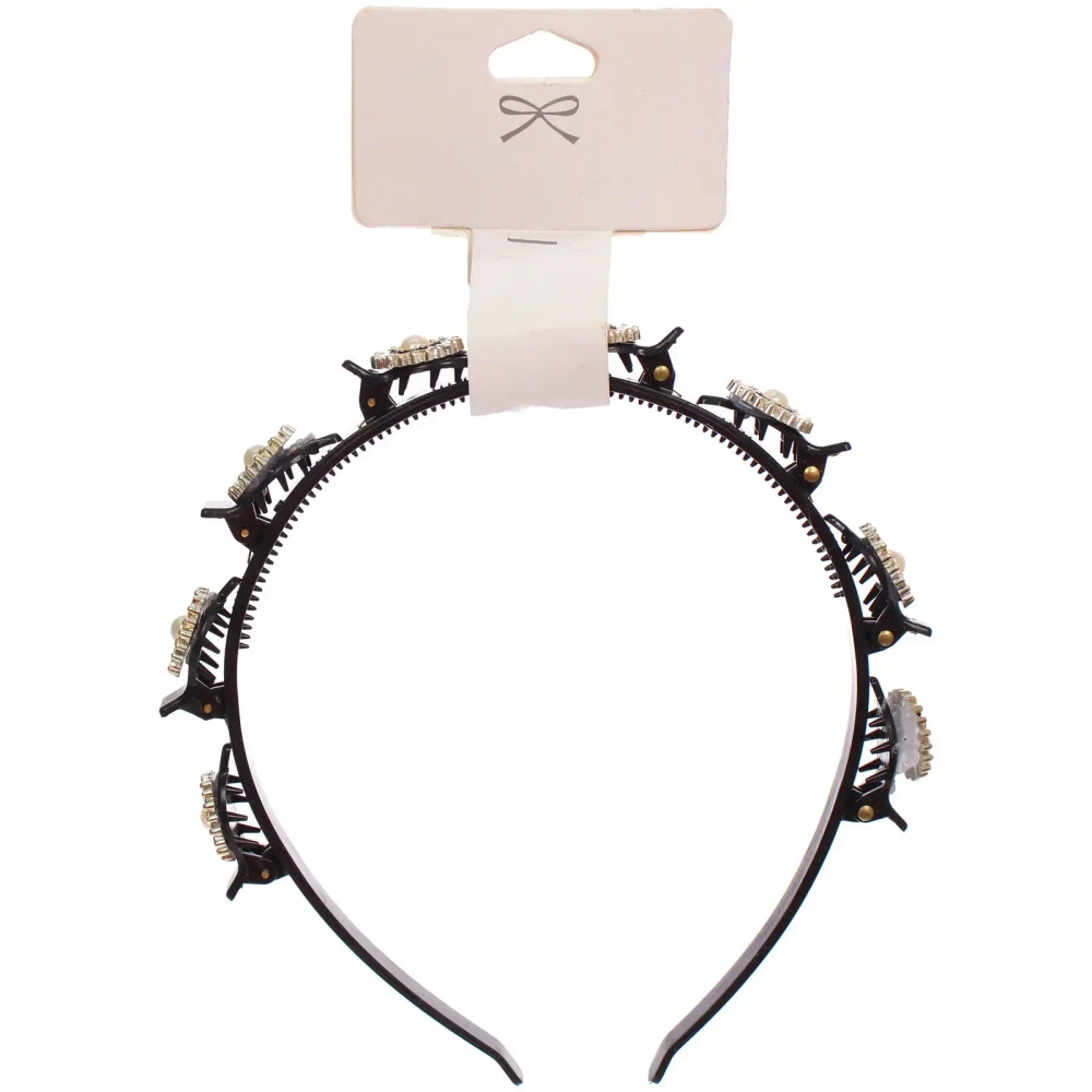 Ободок для волос «ФАНТЭН», жемчужинки, цвет чёрный, 1.5см (Стикер на вложение 12шт)