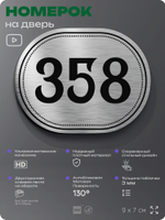 Номерок на дверь квартиры 358, для кабинета, офиса, шильдик 9 х 7 см, брашированная сталь, Айдентика Технолоджи