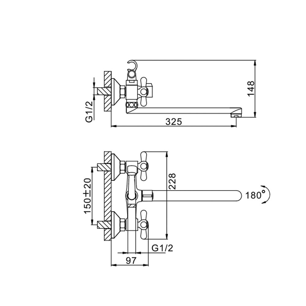 Смеситель для ванны и раковины 1/2 кер F2225 FRAP с шар перекл КРЕСТ (L-излив, хром, латунь)