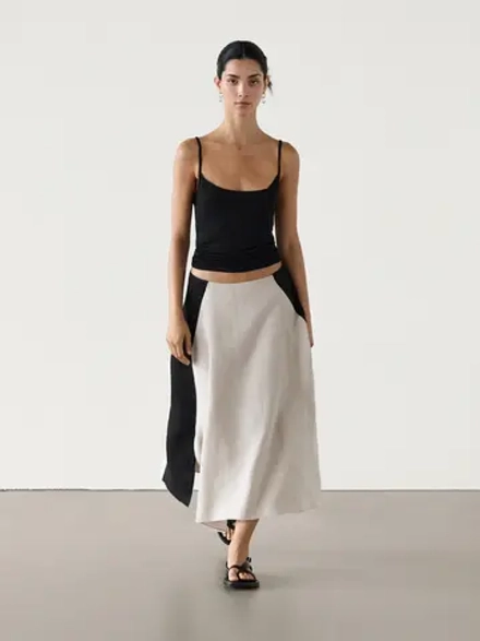 Massimo Dutti Расклешенная льняная юбка миди с контрастными деталями, бежевый