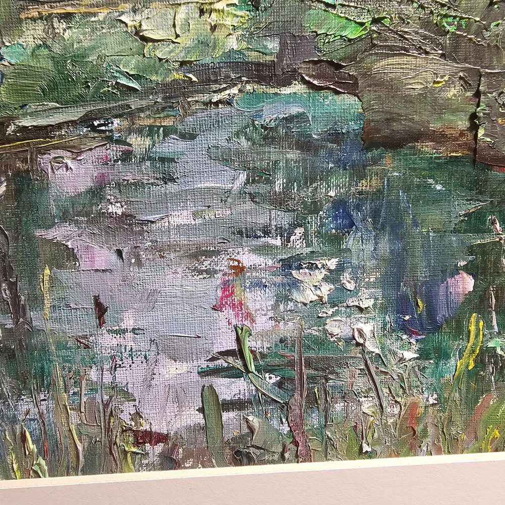 Картина авторская маслом на холсте в паспарту 30х40 см на стену для интерьера "Лесное озеро"