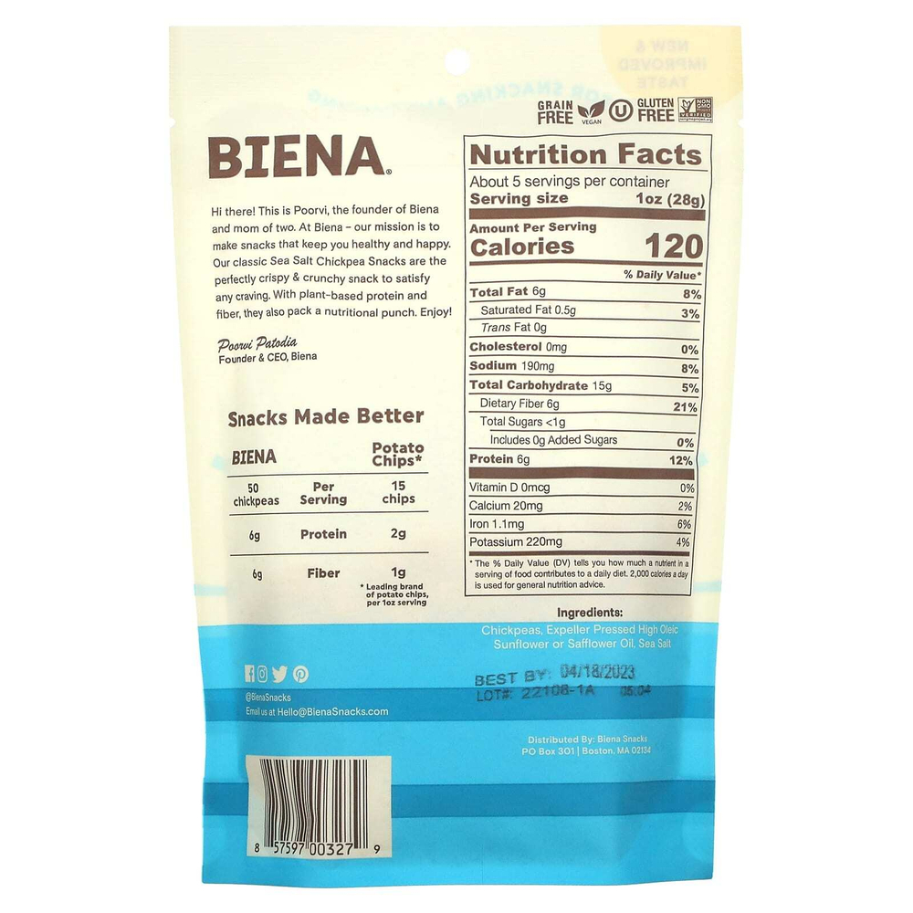 BIENA, Snacks, морская соль, 142 г (5 унций)