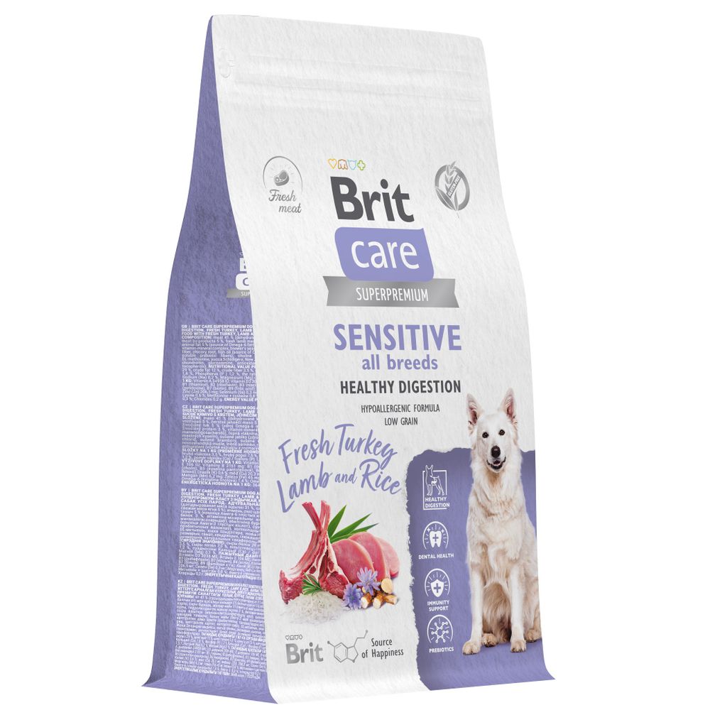 Сухой Корм Brit Care Dog Adult Sensitive Healthy Digestion для взрослых собак всех пород чувствительное пищеварение с индейкой и ягненком 1.5 кг