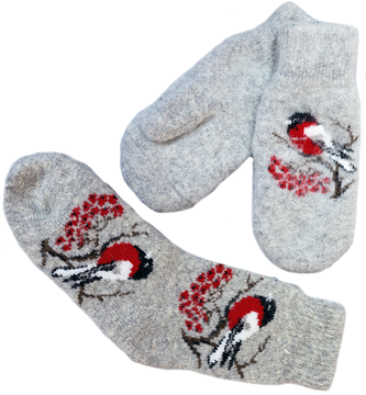 Комплект носочки и варежки "Снегири в сером"