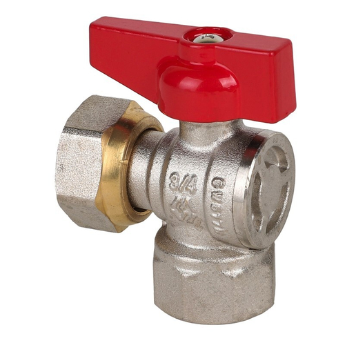 Кран латунный шаровой MVI BV.532, DN 20, PN 40, угловой, никелированный, полнопроходной, бабочка, муфта-накидная гайка