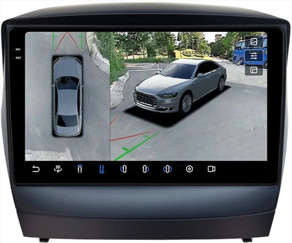 Магнитола для Hyundai iХ35, Tucson 2 2009-2015 (штатный усилитель) - FarCar BX361/3282M-360 монитор 9.5" 2K QLED на Android 13, 6Гб+128Гб, CarPlay, 4G SIM-слот, 4 камеры в комплекте