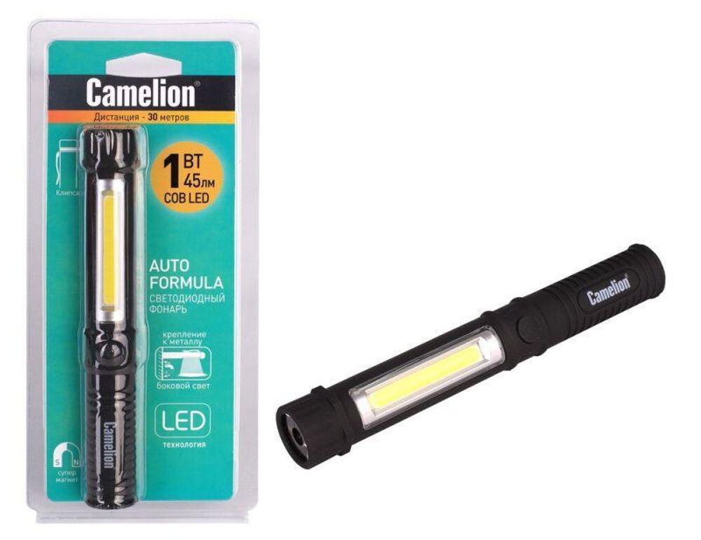 Фонарь-ручка LED51521 COB LED + 1Вт LED 3хR03 магнит клипса пластик. черн. (блист.) Camelion 13361 Фонарь-ручка LED51521 COB LED + 1Вт LED 3хR03 магнит клипса пластик. черн. (блист.) Camelion 13361