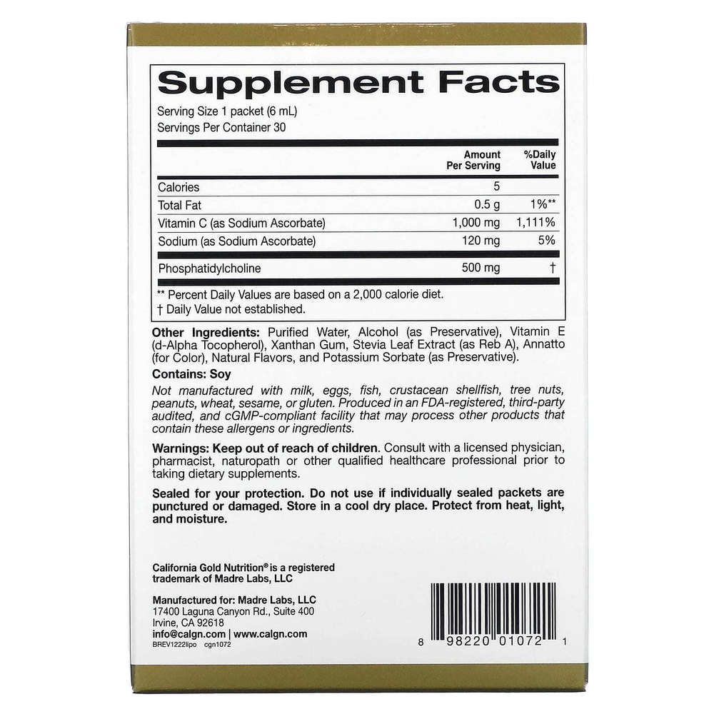 California Gold Nutrition, липосомальный витамин C, со вкусом апельсина, 1000 мг, 30 пакетиков по 6 мл (0,2 жидк. унции)