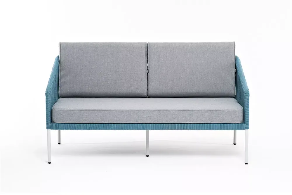 "Канны" диван 2-местный плетеный из роупа, каркас алюминий светло-серый (RAL7035) муар, роуп бирюзовый круглый, ткань светло-серая