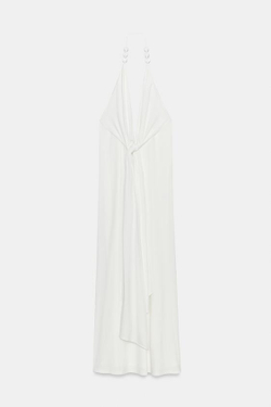 ZARA ДЛИННОЕ ПЛАТЬЕ ХАЛТЕР С ДЕКОРОМ, БЕЛЫЙ