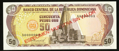 ДОМИНИКАНСКАЯ РЕСПУБЛИКА, 1988, 50 PESOS ORO [ESPECIMEN / MUESTRA SIN VALOR]