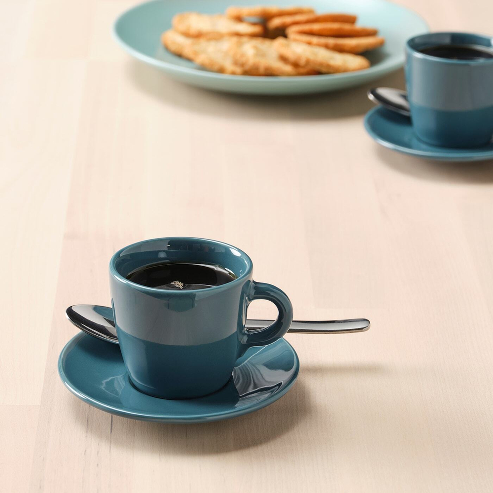IKEA FÄRGKLAR  (ИКЕА ФÄРГКЛАР)  -  Чашка с блюдцем, глянцевая/темно-бирюзовая, 7 мл