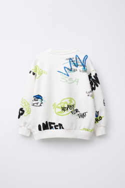 ZARA ТОЛСТОВКА С ПРИНТОМ «ГРАФФИТИ», ЖЕЛТОВАТО-БЕЛЫЙ