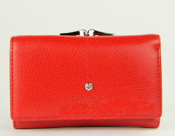 Недорогой небольшой компактный 13х9 см красный женский кошелёк портмоне в три сложения из искусственной кожи с отделениями для мелочи и карт со стразиком на кнопке Coscet CS404-02B в подарочной упаковке коробке