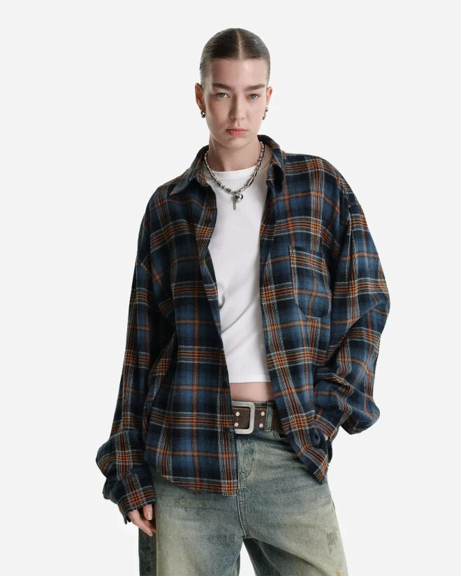 Рубашка в клетку оранжево-синяя