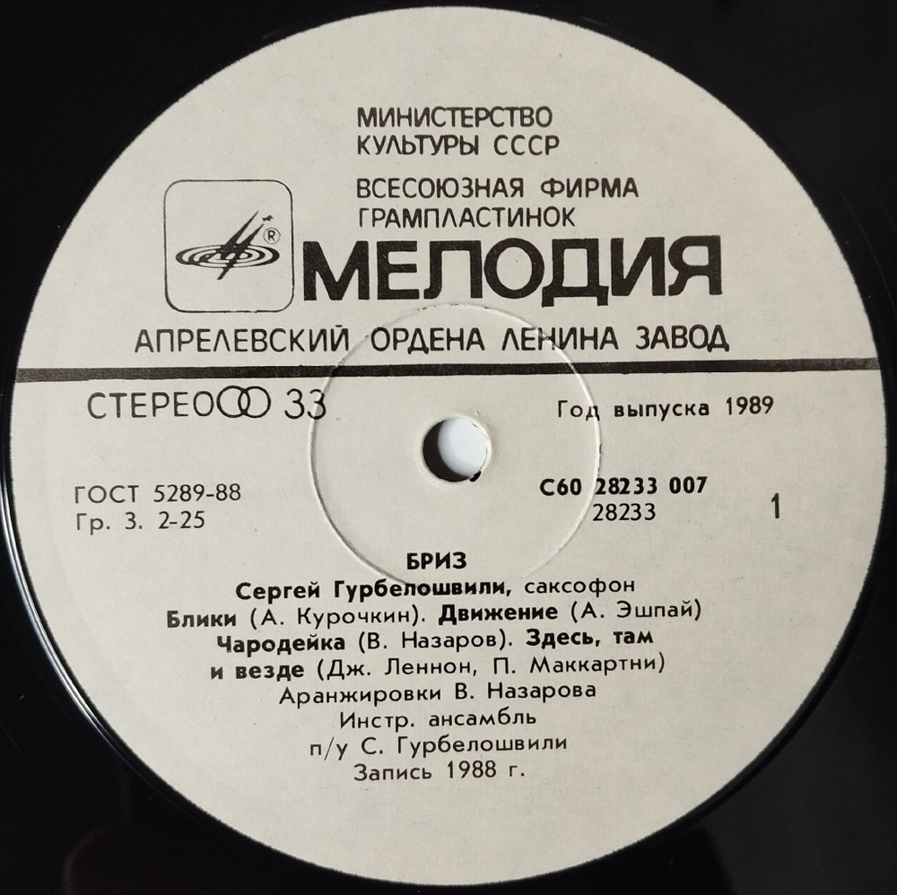 Винтажная виниловая пластинка LP Сергей Гурбелошвили Бриз (СССР 1989)