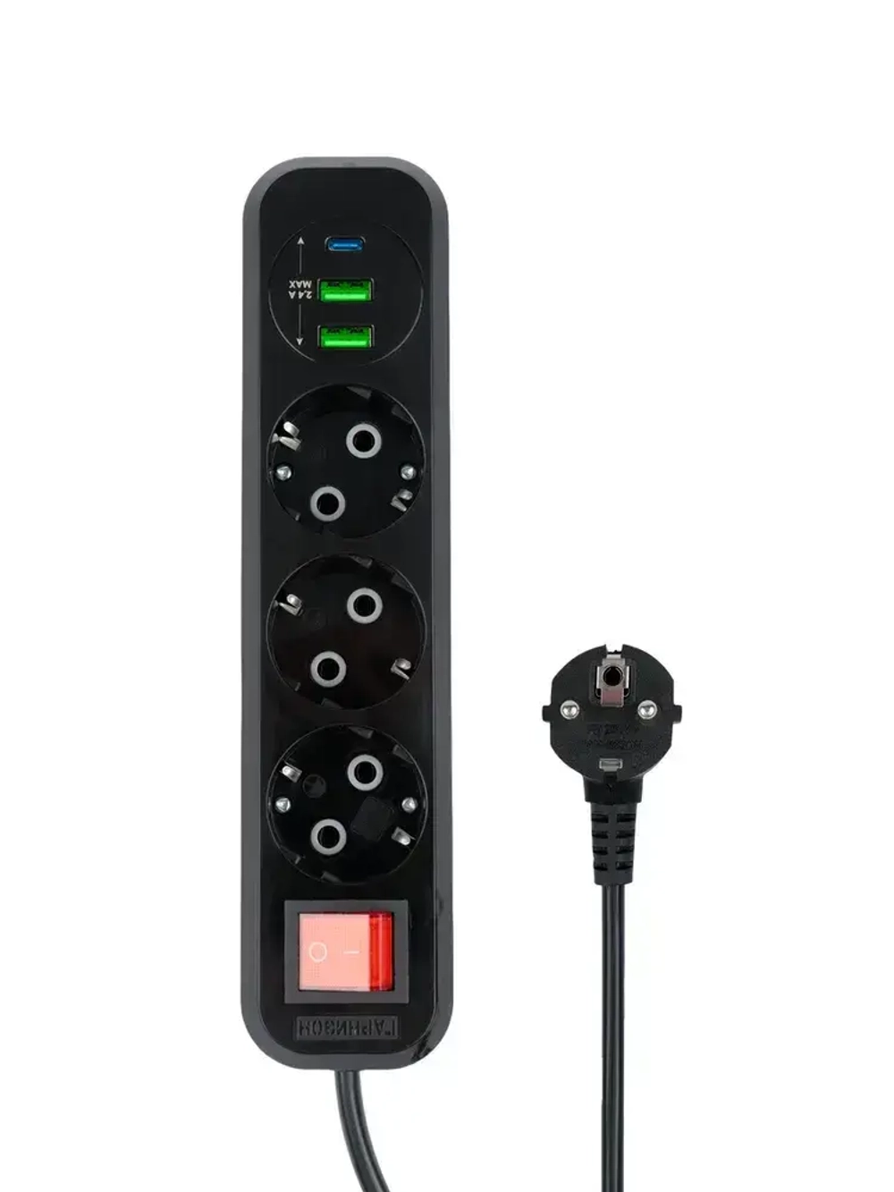 Сетевой фильтр Гарнизон с базовой защитой с заземлением с выключателем 3 розетки, 10A, 1xType-C, 2xUSB, 2 метра, черный