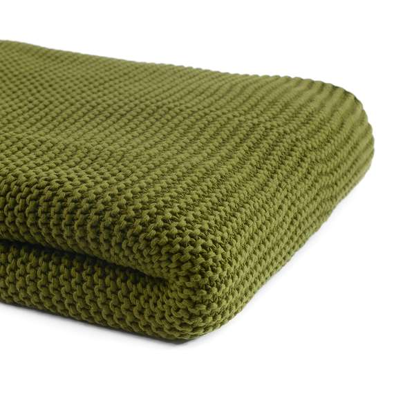 Плед из хлопка жемчужной вязки оливкового цвета Essential, 130х180 см