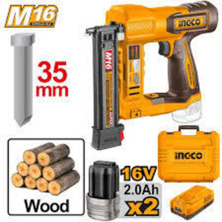 Аккумуляторный гвоздезабиватель нейлер INGCO CBNLI2038 INDUSTRIAL 16 В 15-35 мм