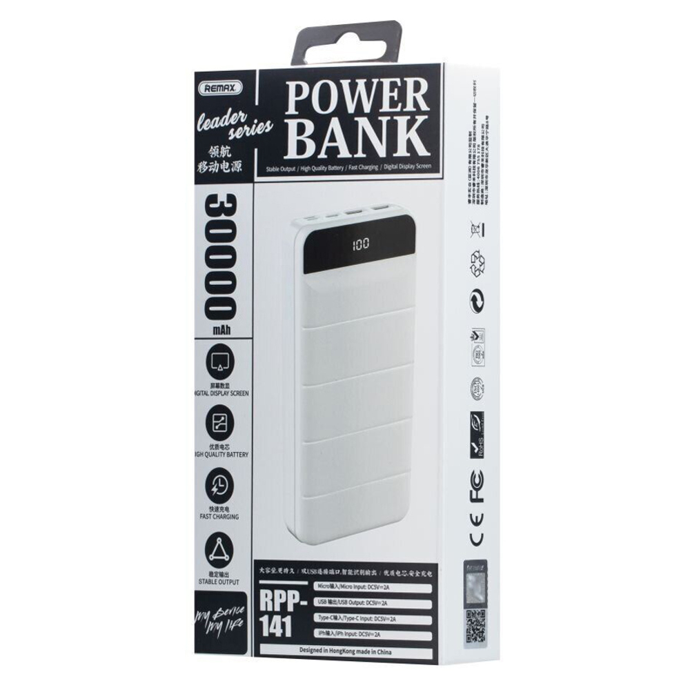 Внешний Аккумулятор (Power Bank) Remax RPP-141 30000 mAh (5,0V - 2A, LCD) Белый