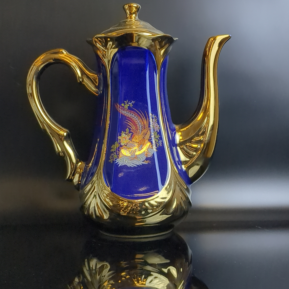 Чайник, кофейник заварочный кобальт с позолотой, роспись "Жар-птица", (объём -? мл) винтаж СССР 1970-1990 гг