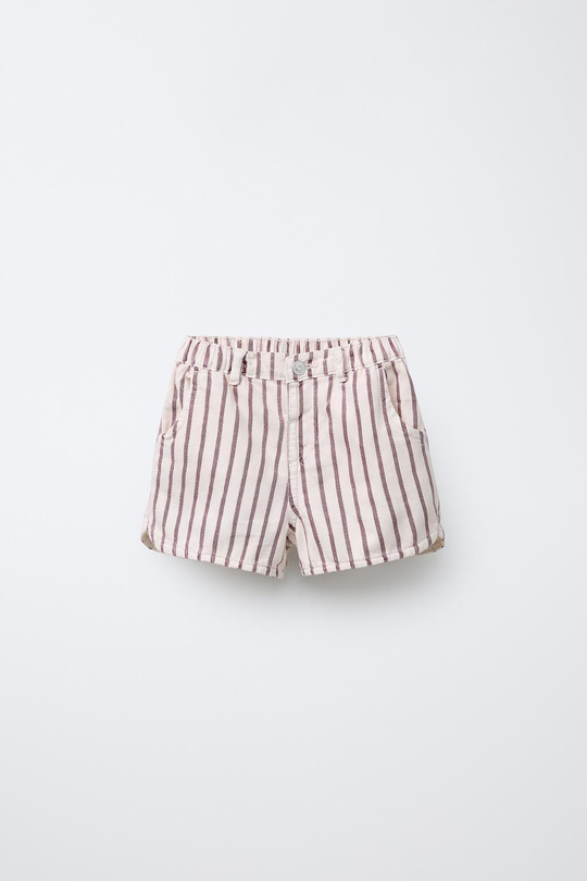 ZARA ШОРТЫ-БЕРМУДЫ ИЗ ТВИЛА В ПОЛОСКУ, ЭКРЮ/ГРАНАТОВЫЙ