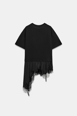 ZARA ФУТБОЛКА С КРУЖЕВНОЙ ОТДЕЛКОЙ, ЧЕРНЫЙ