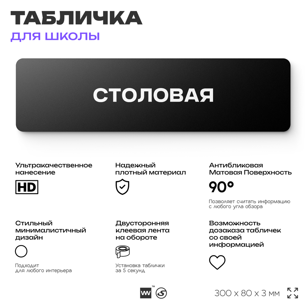 Табличка для школы Столовая, школьные таблички на дверь кабинета, 30х8 см, Айдентика Технолоджи