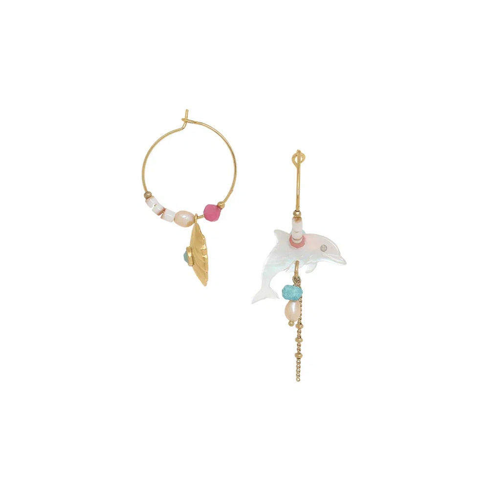 Серьги Franck Herval, Summer, асимметричные, с ракушками, бирюзой, нефритом, жемчугом, перламутром и