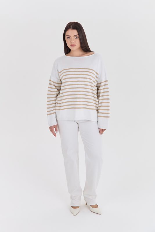 Тельняшка вязаная с вырезом лодочка, бежево-белый