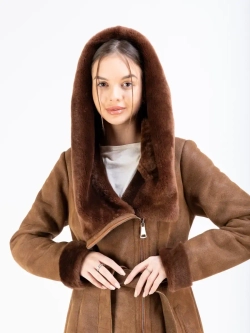 Дубленка женская натуральная длинная с капюшоном Турция