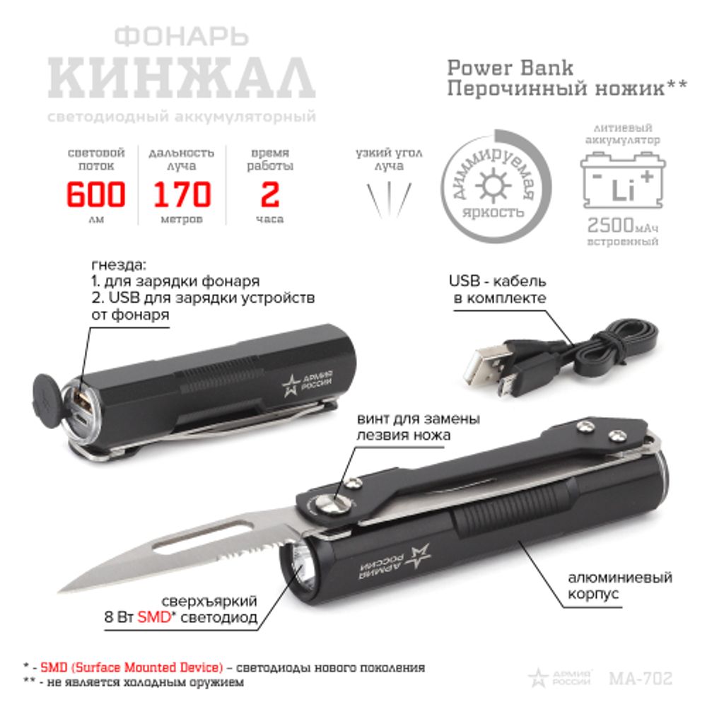 Светодиодный фонарь АРМИЯ РОССИИ MA-702 Кинжал ручной аккумуляторный с диммером powerbank | Универсальные  фонари