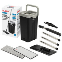 Швабра с отжимом и ведром 10л/7л двухкамерное, 2 насадки микрофибра, карманы с 2-х сторон, рукоятка 134-154см черный AltaMop L, LAIMA