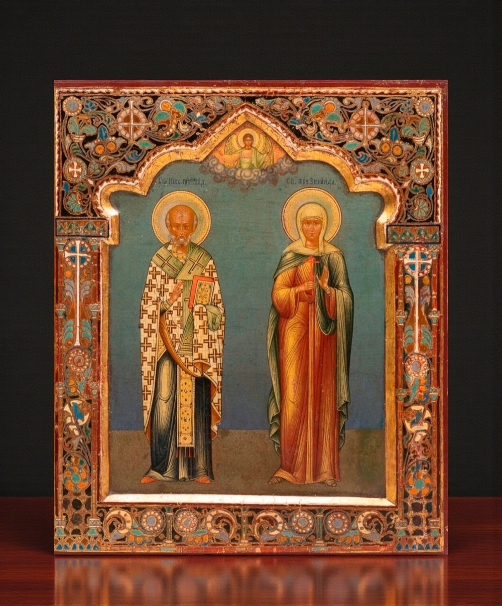 Николай Чудотворец и Зинаида Тарсийская мученица. Деревянная икона на левкасе
