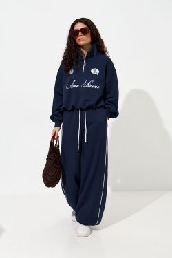 Широкие джоггеры без начеса с кантом цвета нейви