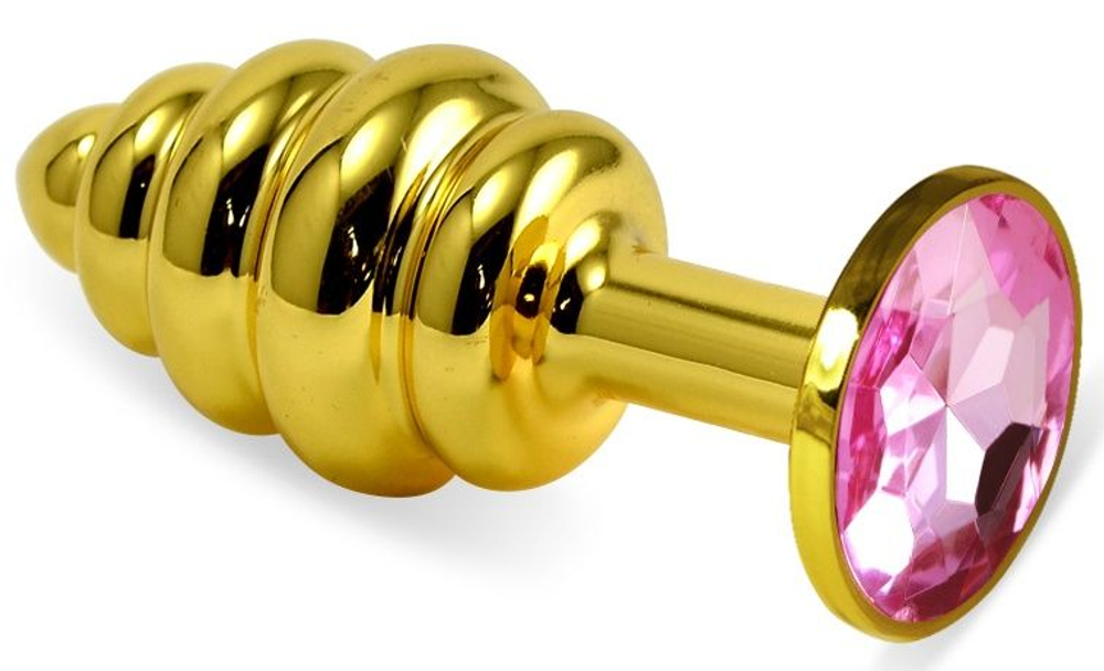 Золотистая ребристая анальная пробка с нежно-розовым кристаллом - 7,5 см. (Цвет: нежно-розовый)