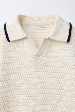 ZARA ТРИКОТАЖНЫЙ СВИТЕР ПОЛО С РЕЛЬЕФНЫМ УЗОРОМ, ЭКРЮ