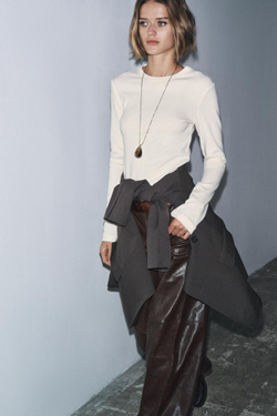 ZARA ФУТБОЛКА С ДЛИННЫМИ РУКАВАМИ, СЛОНОВАЯ КОСТЬ