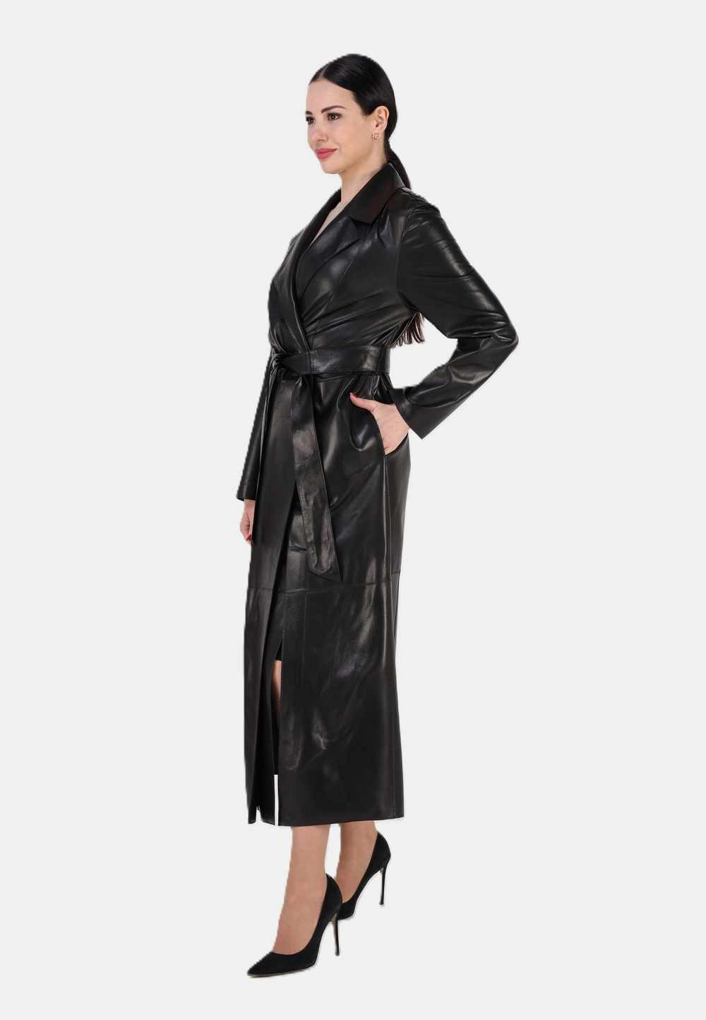 Кожаный плащ длинный, пальто длинное кожа