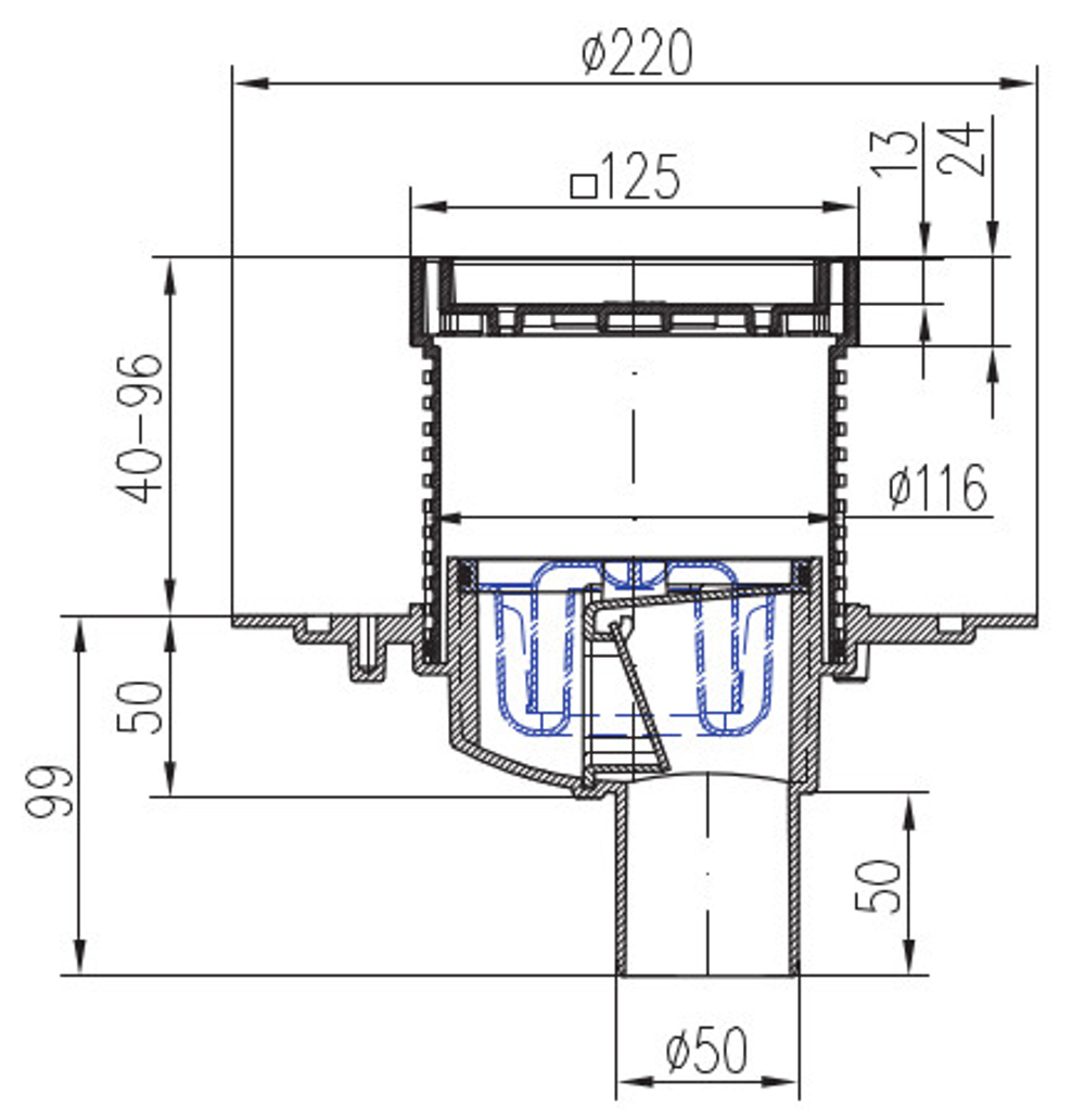 Душевой трап Azario 125х125 D50 вертикальный слив, черный матовый (AZ-384 AC)