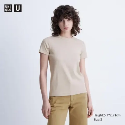 UNIQLO ФУТБОЛКА С КРУГЛЫМ ВЫРЕЗОМ, БЕЖЕВЫЙ