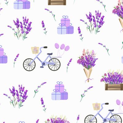 Цветы лаванды и велосипеды с подарками