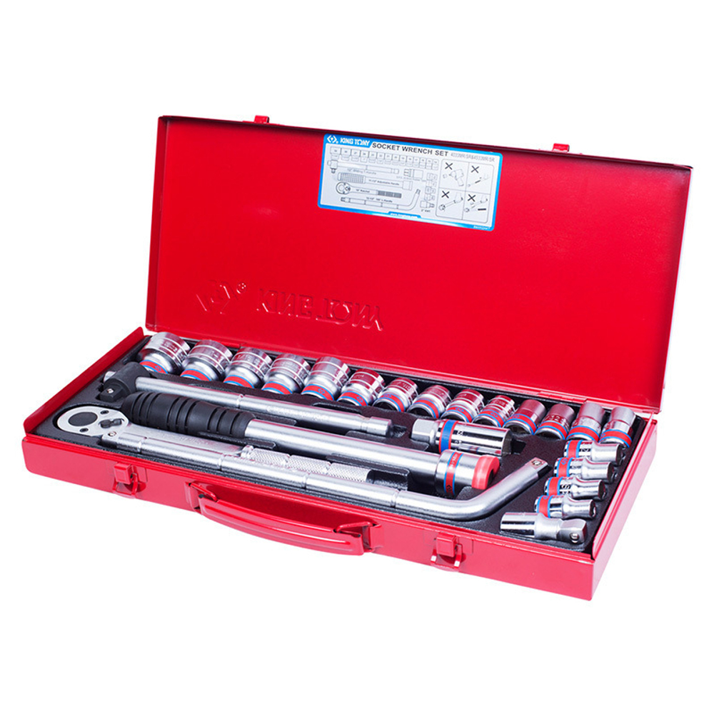 KING TONY (4533SR) Набор торцевых головок с принадлежностями 1/2", 6-гранные, 5/16"-1&1/4", 24 предмета