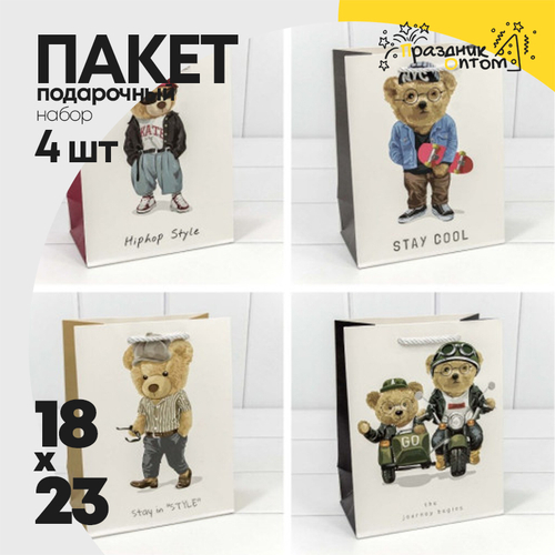 Пакет подарочный 18х23х10см "Стильные мишки" (Микс)
